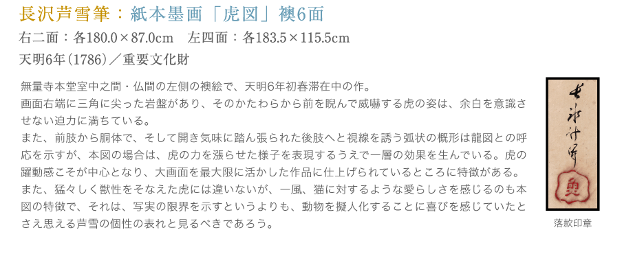 長沢芦雪筆：紙本墨画「虎図」。無量寺本堂室中之間・仏間の左側の襖絵で、天明6年初春滞在中の作。画面右端に三角に尖った岩盤があり、そのかたわらから前を睨んで威嚇する虎の姿は、余白を意識させない迫力に満ちている。