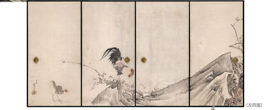 長沢芦雪筆：紙本墨画「薔薇図」。無量寺本堂上間二之間北面の襖絵で、天明６年、初春滞在中の作。奇異な形の岩、それに応じた雌雄の鶏の姿態、長く伸びた薔薇の枝には動勢が感じられる。一方、鶏の描写は精緻で、芦雪の熱心な自然観察をしのばせている。