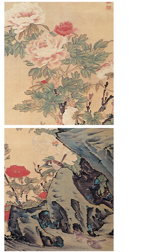 長沢芦雪筆：絹本着色「牡丹雀図」