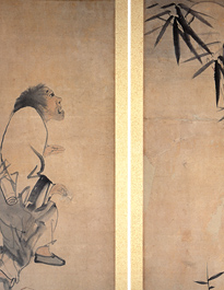 長沢芦雪筆：「月に人物図」2曲1隻屏風