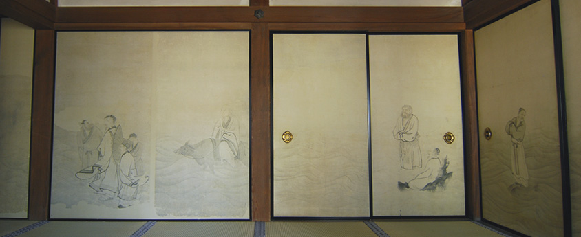 円山応挙筆：紙本墨画「波上群仙図」。左から孔子、子路、冉求、老子、荘子、孟子、琴高仙人（童子を除く）。