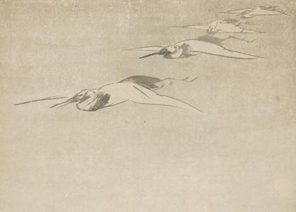 長沢芦雪筆、紙本墨画「群鶴図」襖6面、壁貼付2面。右方二面の上端に対称的に小さく描かれた、列をなして飛ぶ四羽の鶴。